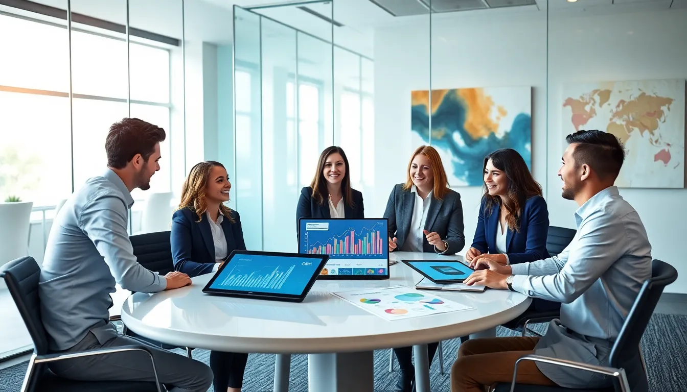 diverse professionals brainstorming in a modern conference room.