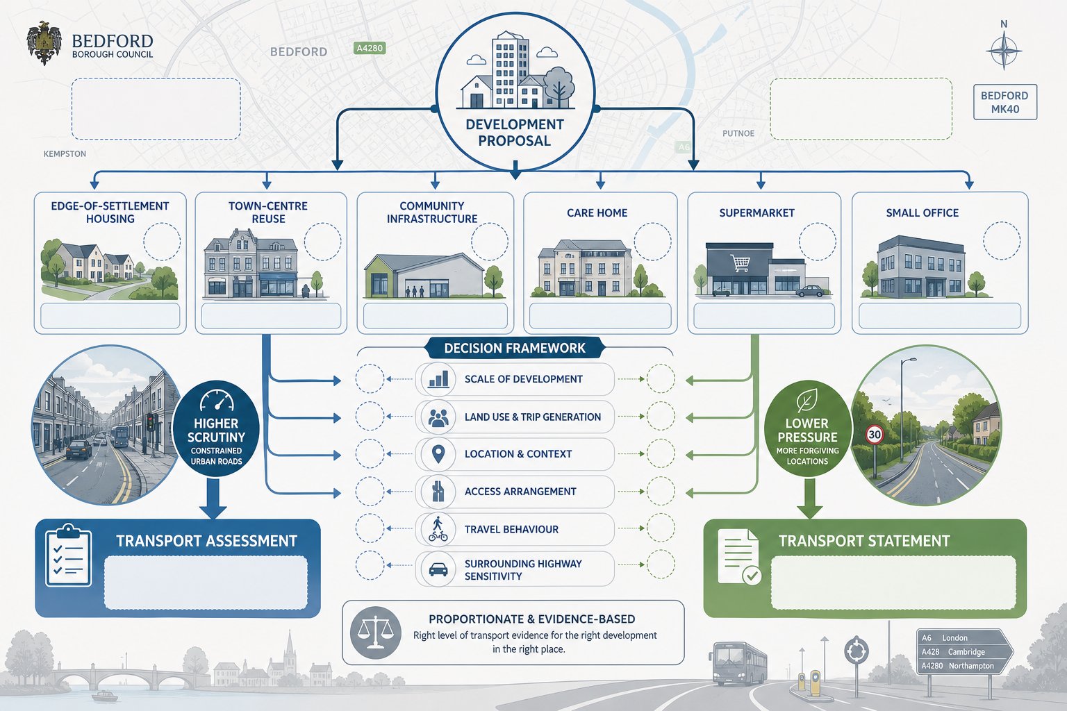 Infographic of Bedford developments and factors affecting transport assessment requirements.