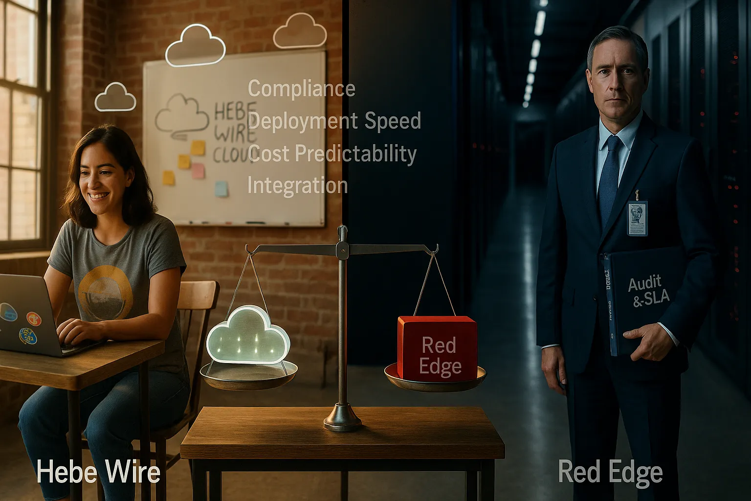 Split image: startup developer vs. enterprise server room decision scene.