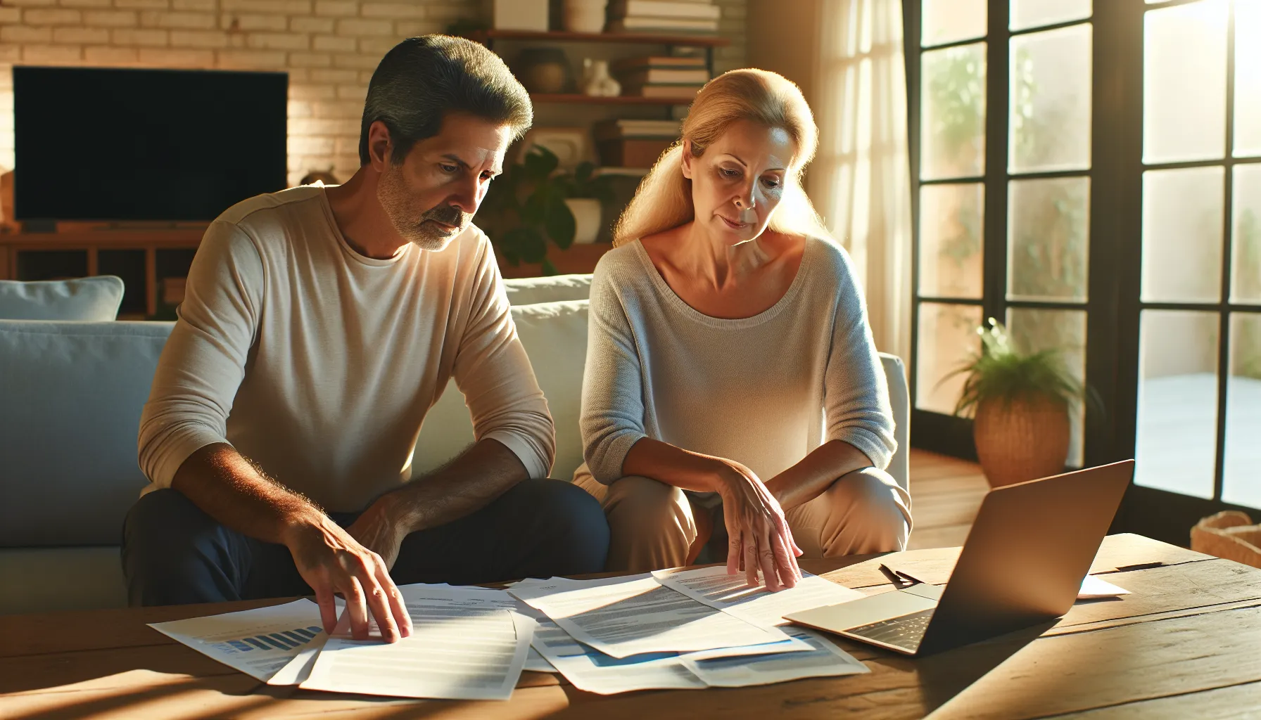 A couple reviewing healthcare documents in a living room.