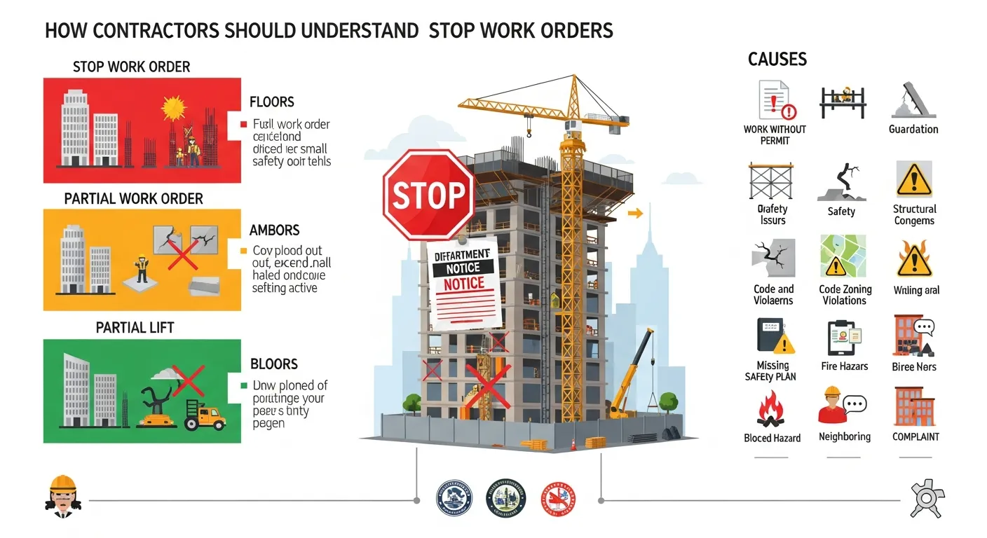 Infographic of NYC construction Stop Work Orders, their types, triggers, and key players.