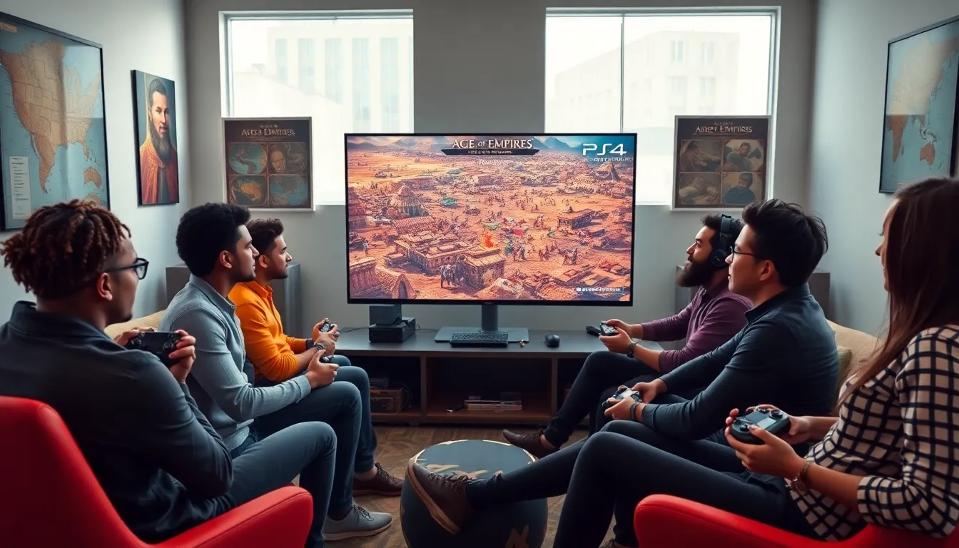 diverse gamers enjoying Age of Empires on PS4 in a modern setting.