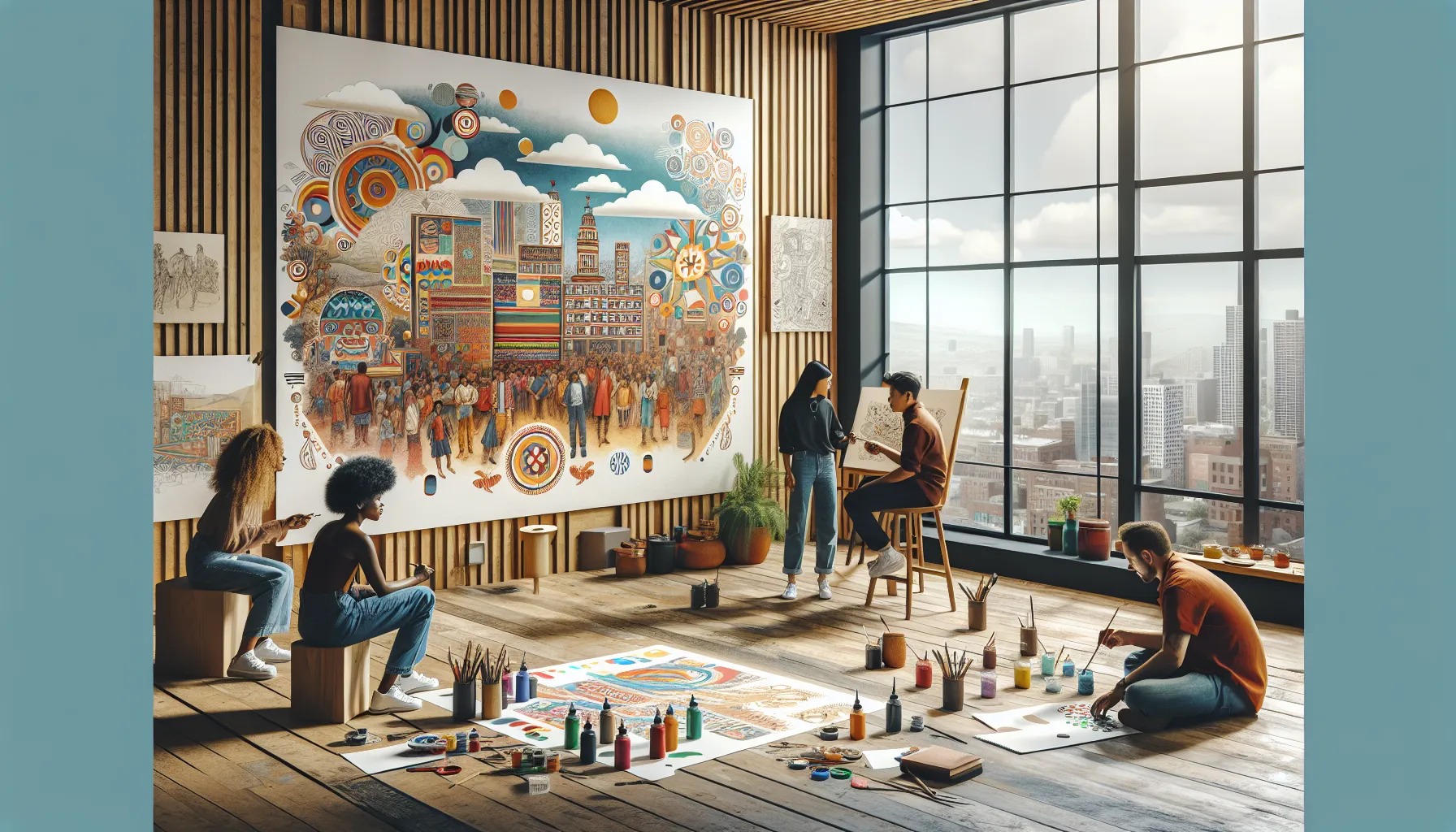 artists collaborating on a mural about tineoguffe in a bright studio.