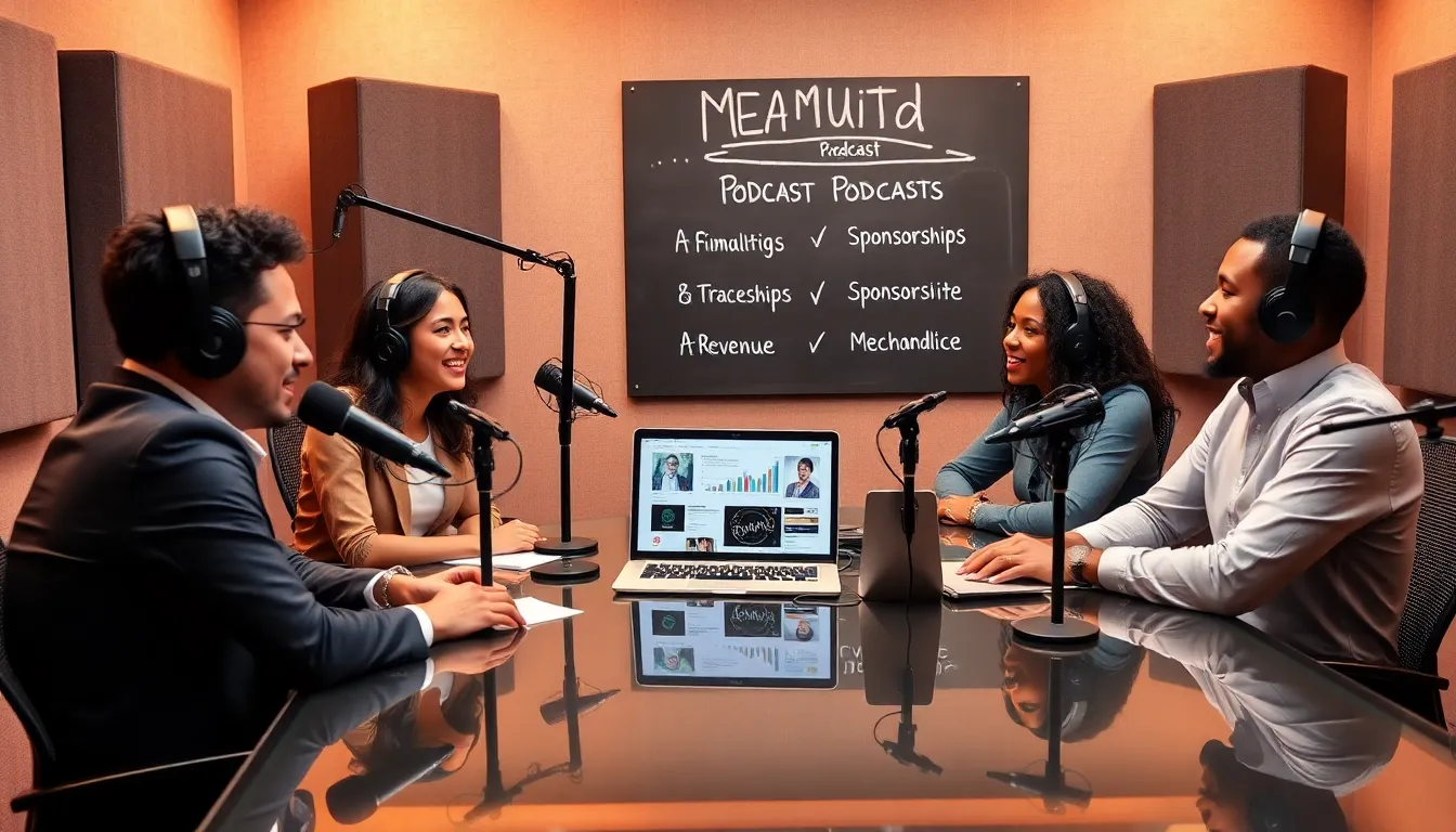 diverse podcast team discussing monetization strategies in a modern studio.