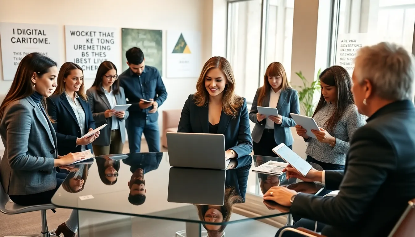 Ann Anderson leading a diverse team in a modern office.