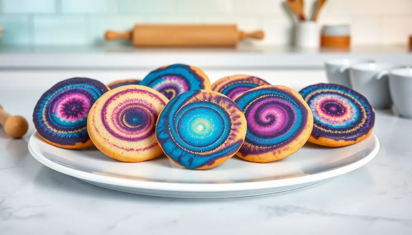 colorful nebula-themed cookies on a white plate in a modern kitchen.