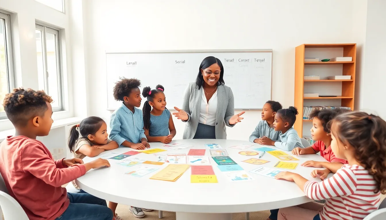 diverse students engaged in language learning around a modern classroom table.