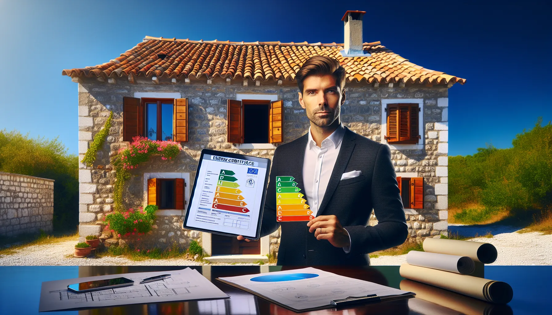 Professional consultant with energy certificate in front of traditional Croatian stone house