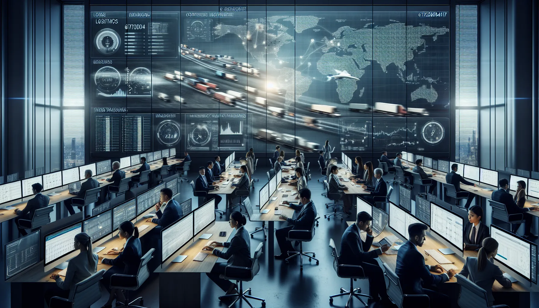 professionals in a logistics control room tracking shipments.