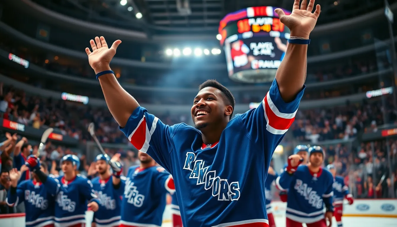 Rangers players celebrate a dramatic overtime victory in a hockey game.