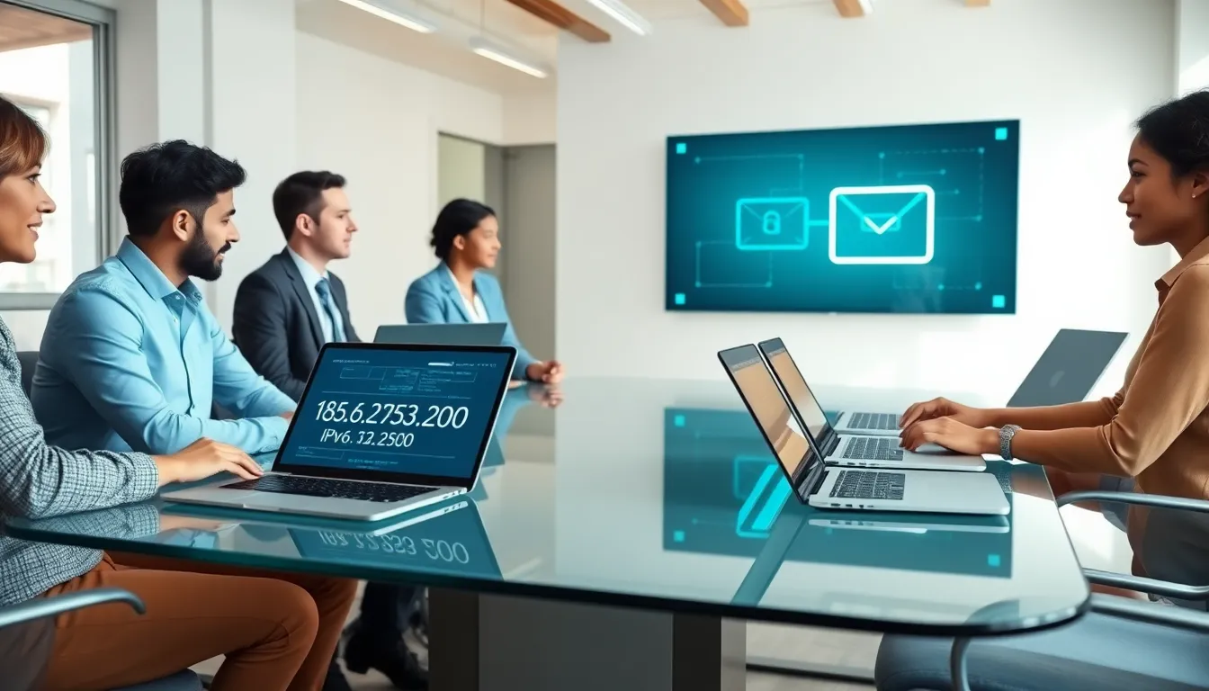IT professionals discussing IP addresses in a modern office.