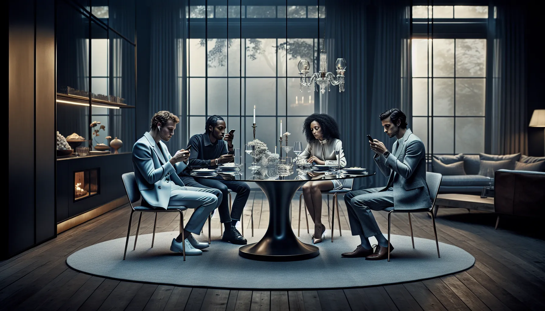 diverse group at a dining table distracted by smartphones.