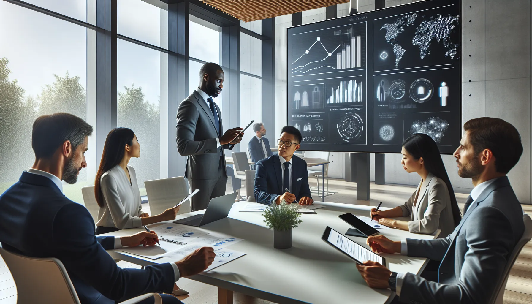 diverse professionals discussing technology in a modern office.