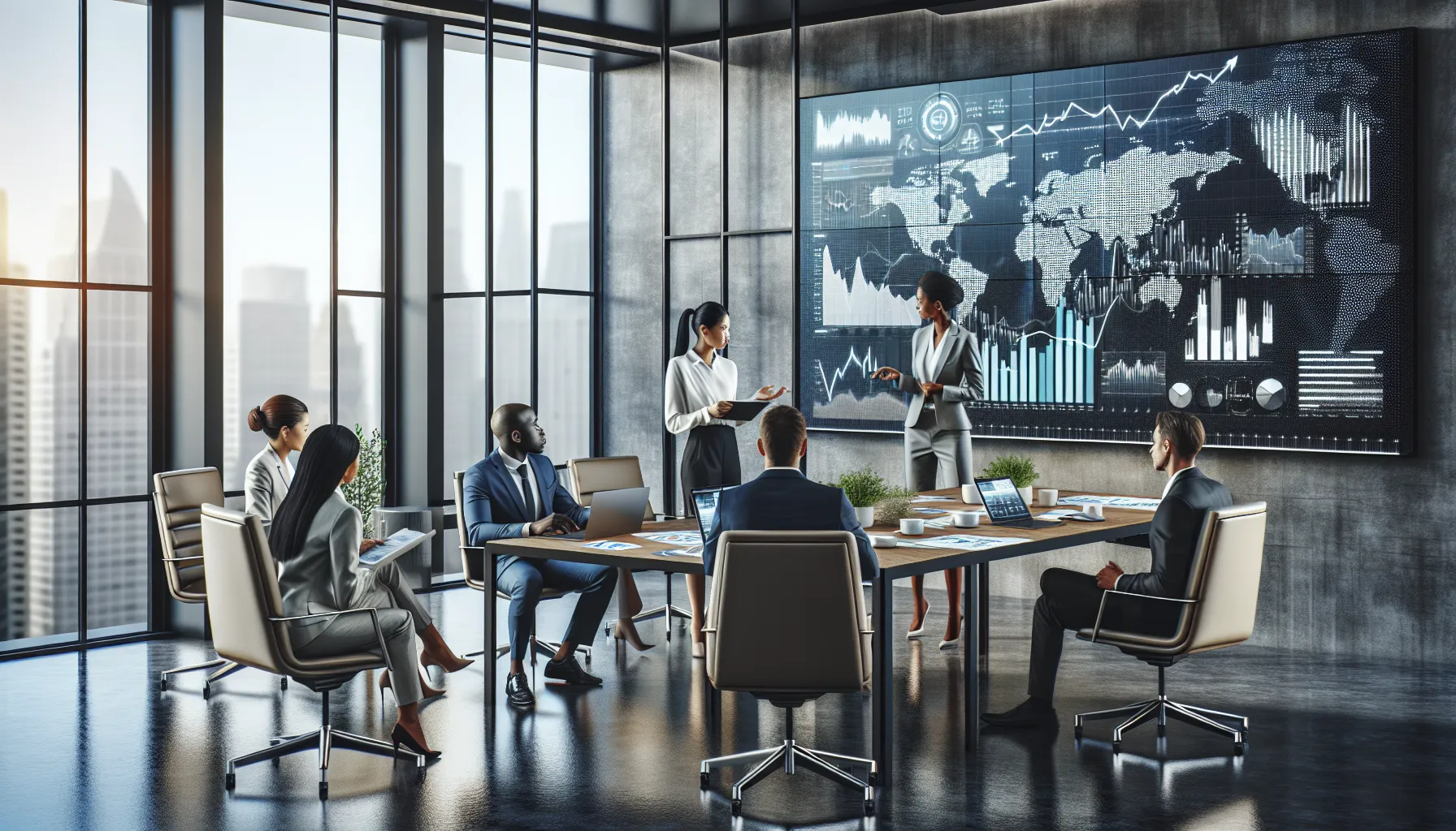 diverse financial team discussing economic trends in a modern office.