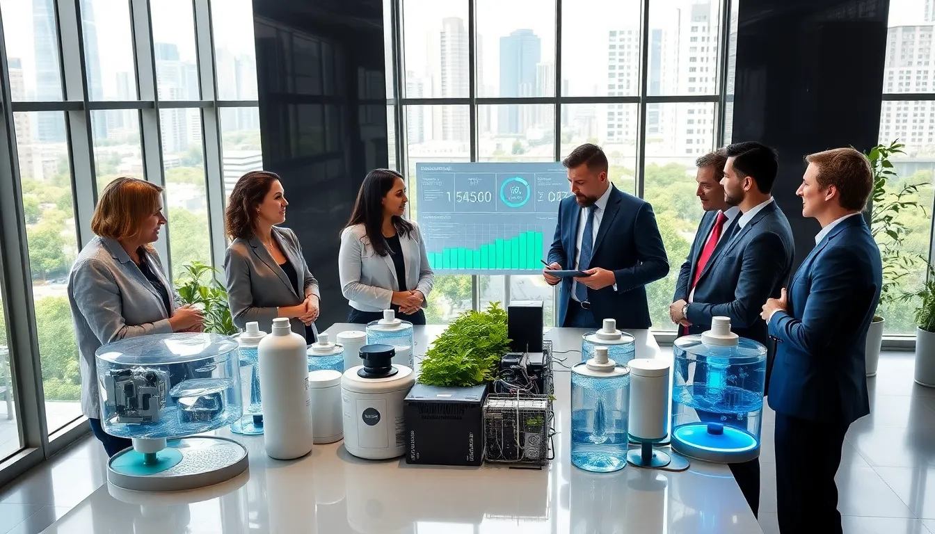 professionals in a modern water management center discussing sustainability.