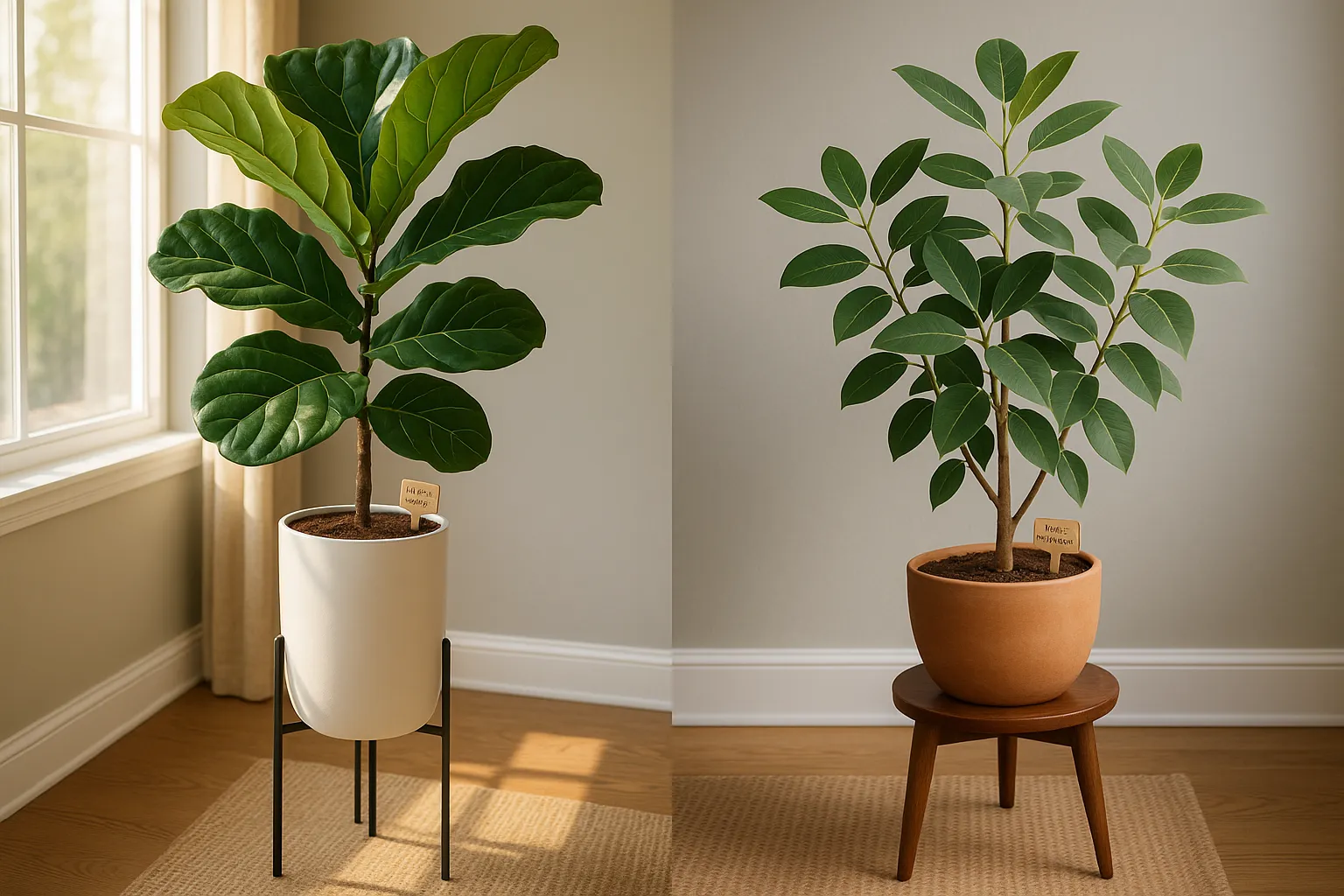 Side-by-side fiddle leaf fig and Ficus Audrey in a sunlit living room.