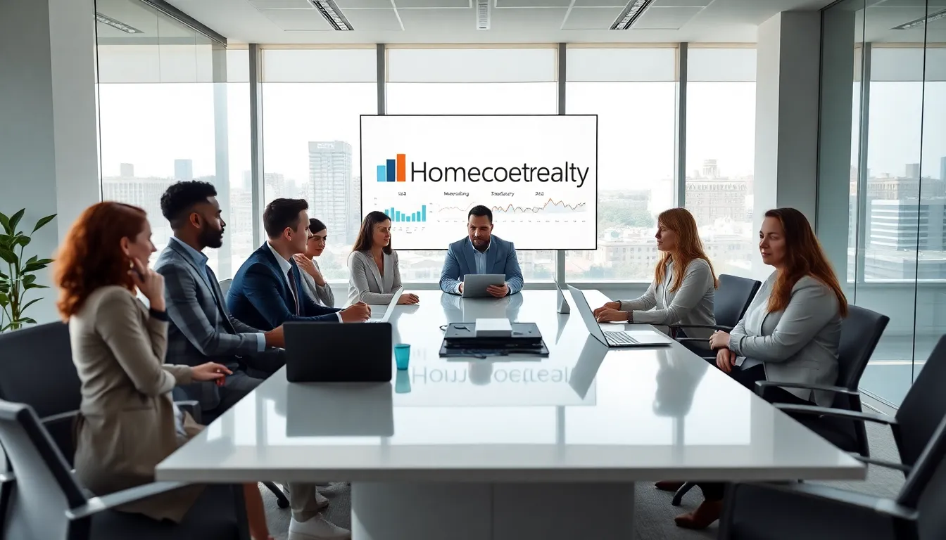 diverse real estate team collaborating in a modern office