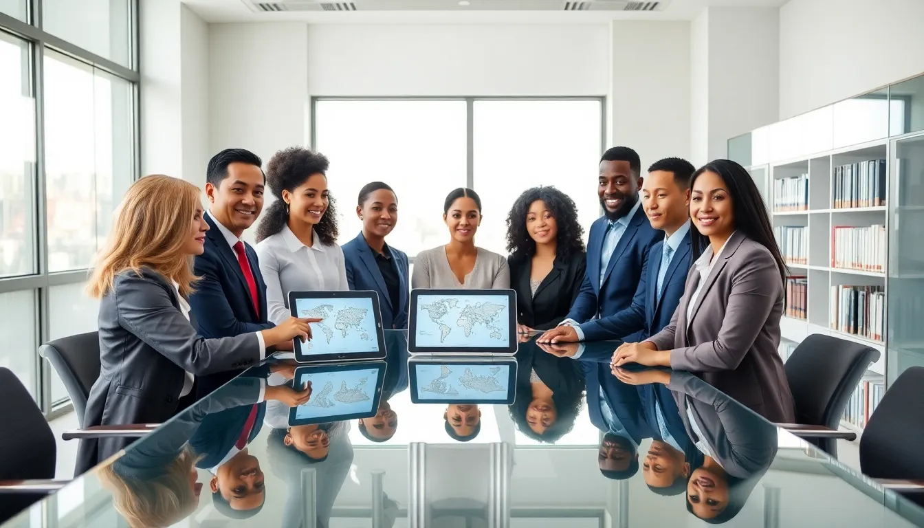 diverse team discussing online policy in a modern office.