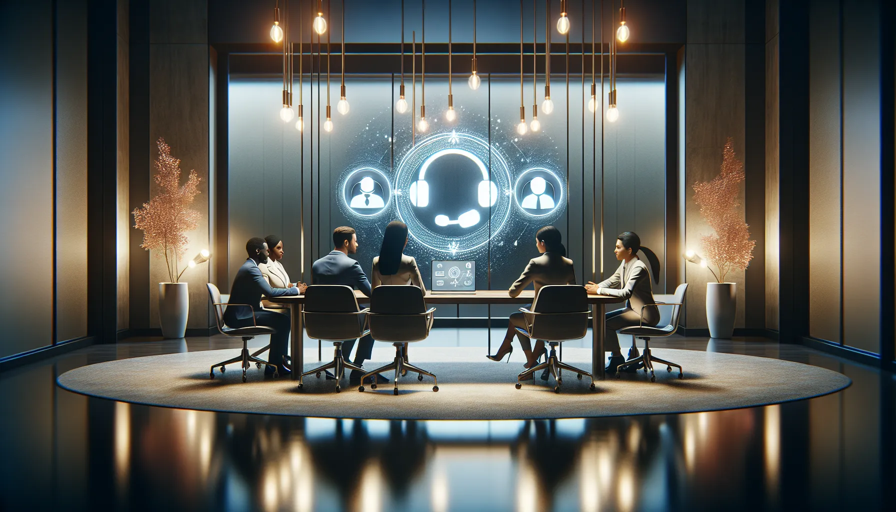 diverse team discussing customer service in a modern office setting.