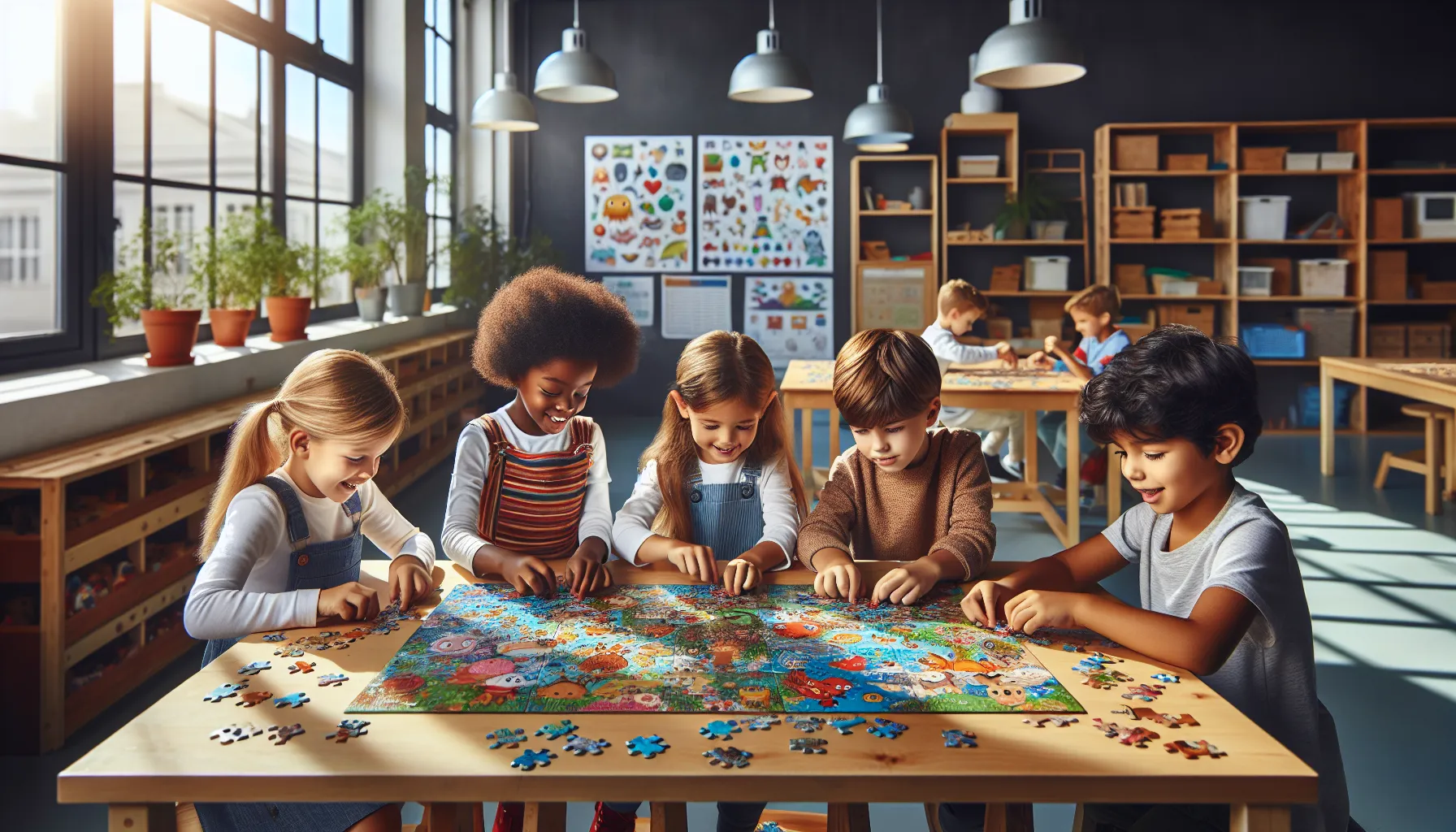 children collaborating on a colorful puzzle in a classroom.