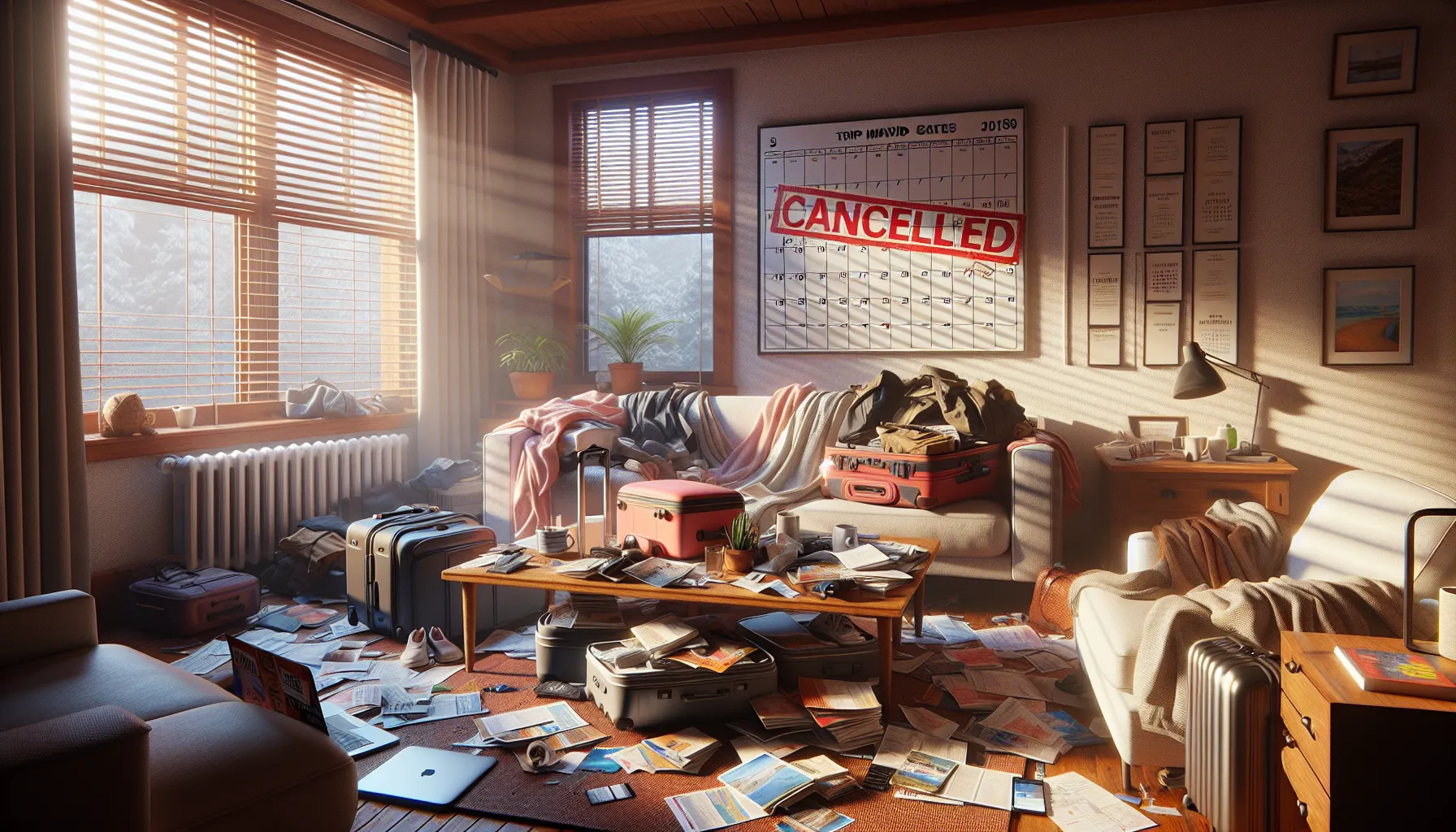 An open suitcase and marked calendar indicating a canceled trip.