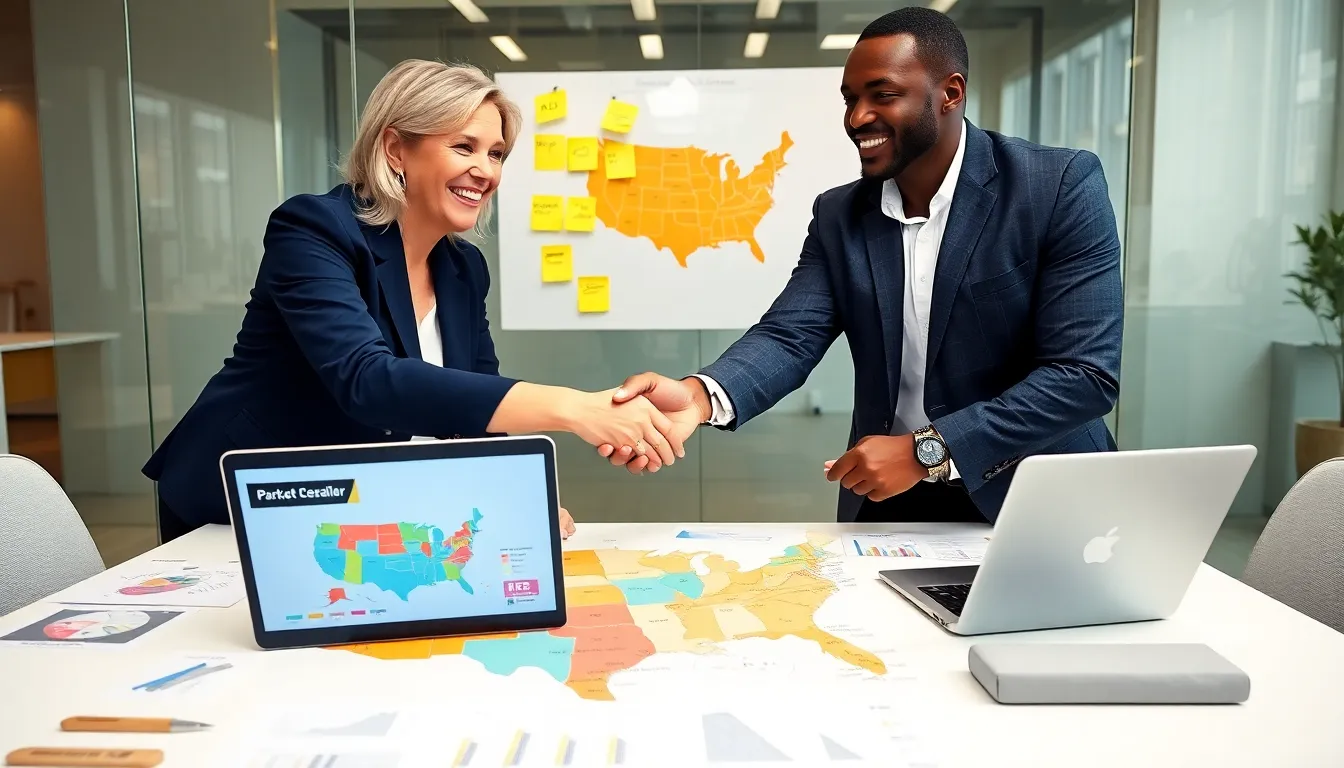 Two executives shaking hands over a table with market maps and project plans.