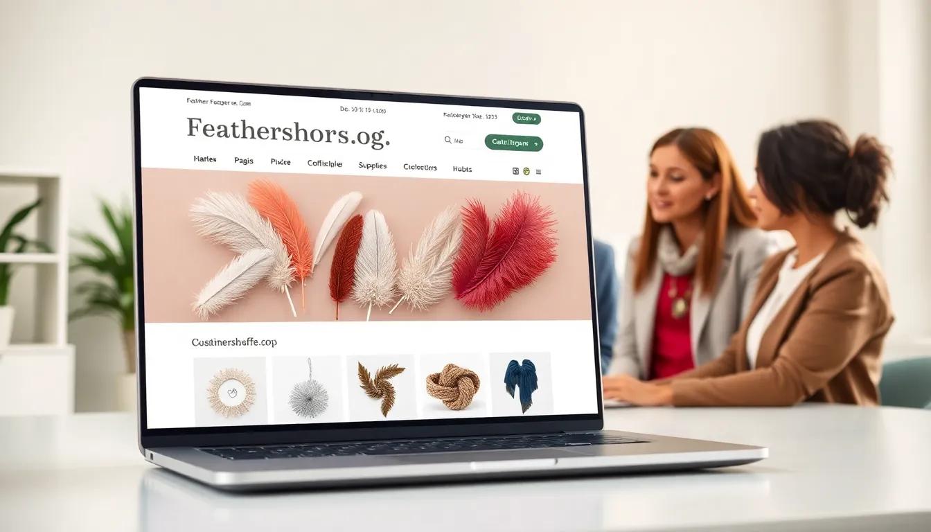 A team discussing on a laptop showcasing feather products in a bright workspace.