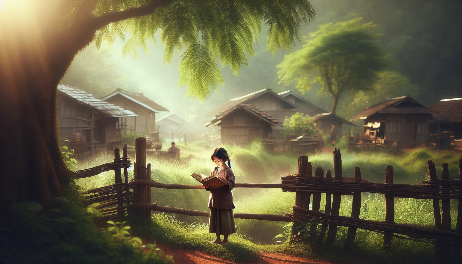 young girl in a small town holding a book, representing storytelling and community.