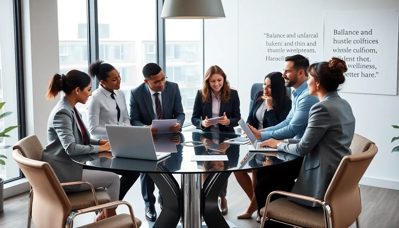 diverse professionals discussing in a modern office setting.