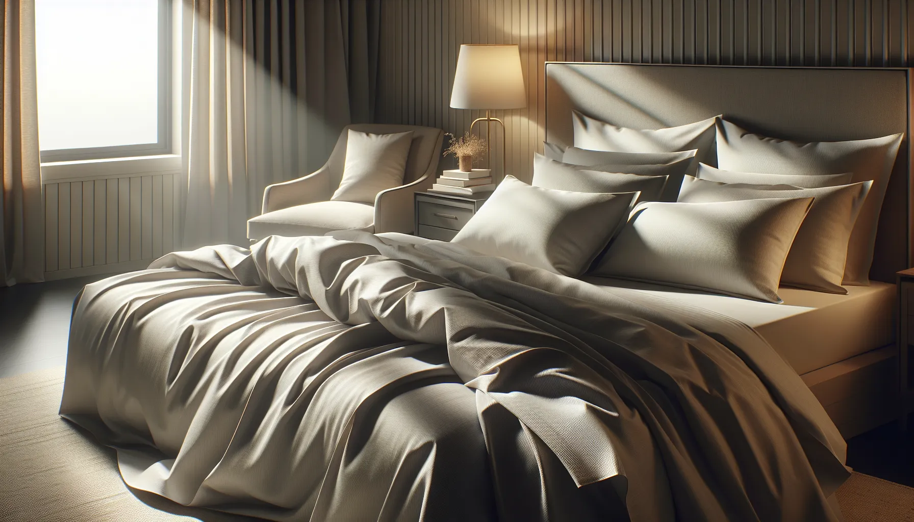 Neatly made bed with crisp percale sheets in a bright bedroom.