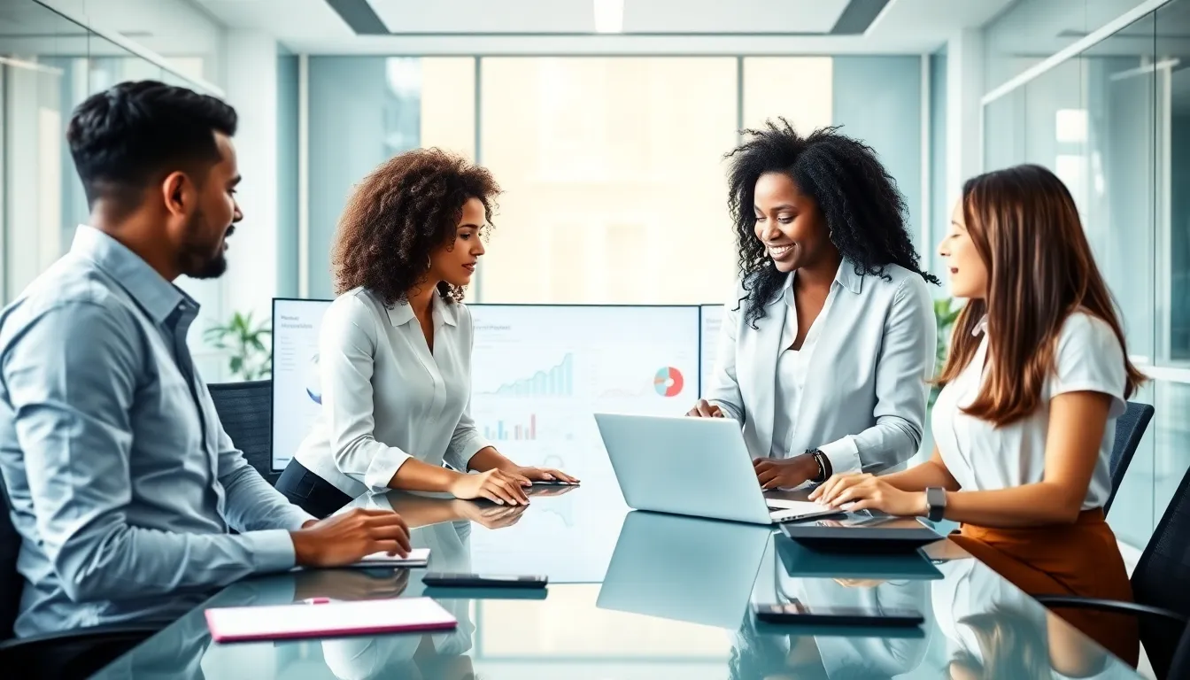 diverse team collaborating in a modern office around a digital workspace.