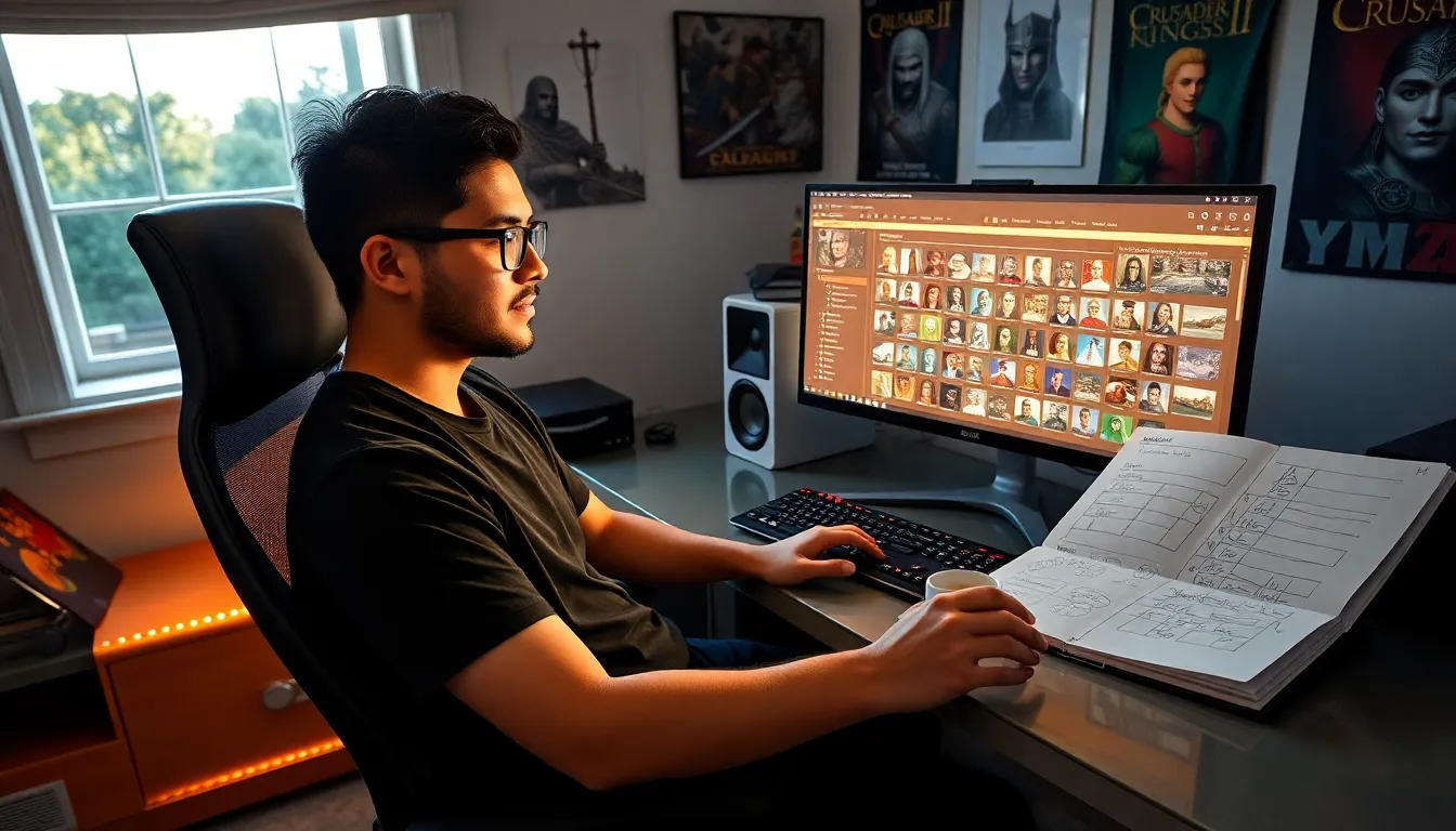 a gamer creating characters using Ck2generator in a cozy room.