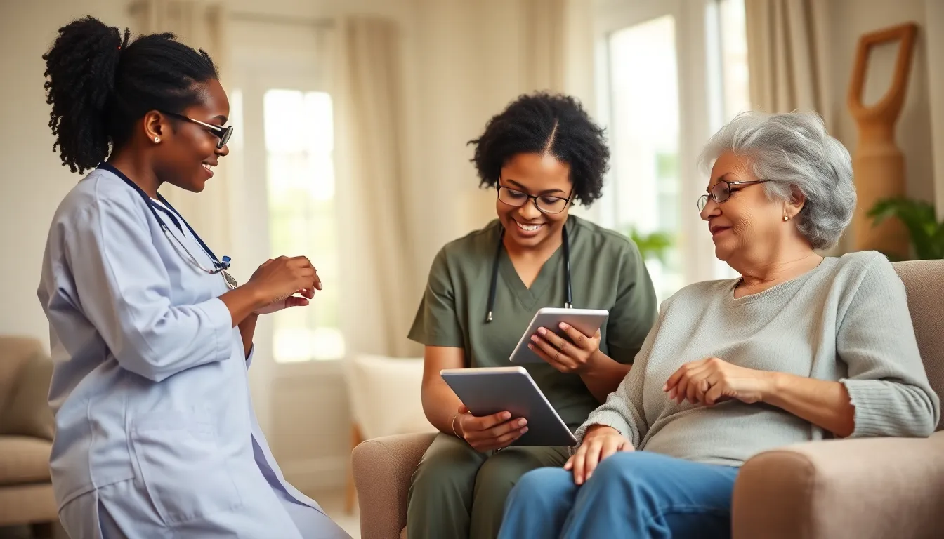 diverse caregivers providing in-home health support to an elderly woman.