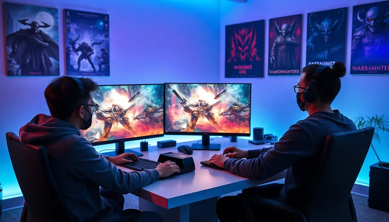 diverse gamers engaged in playing Warhammer 40K: Gate Daemonhunters.