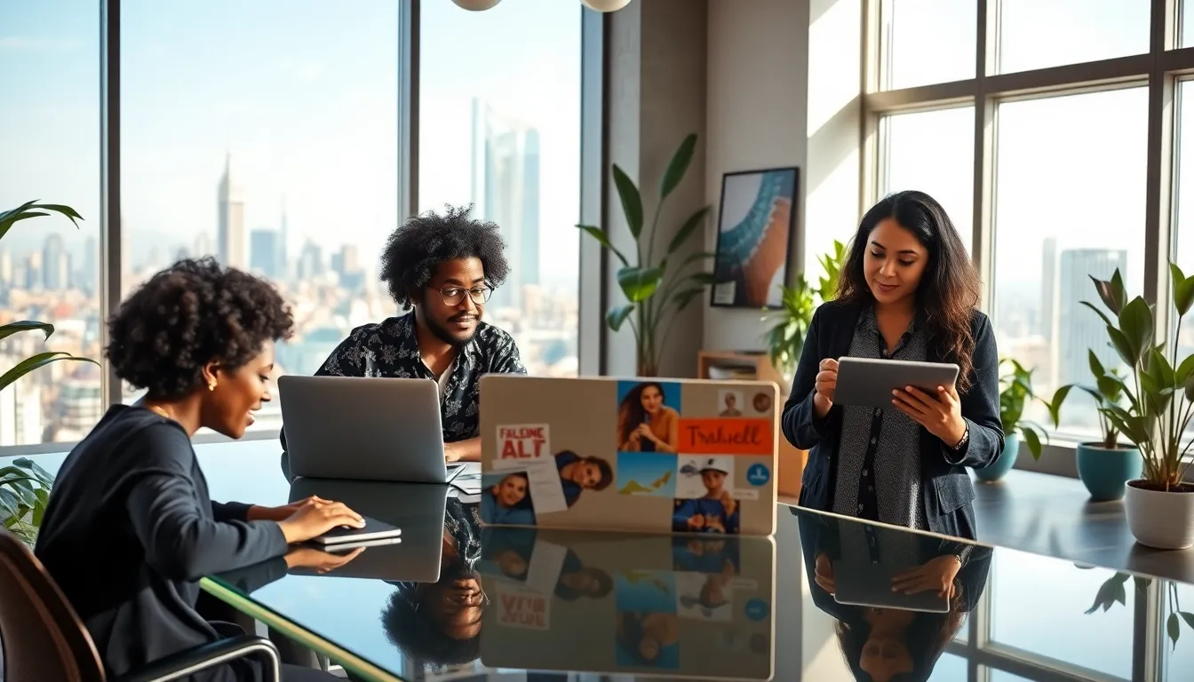 diverse professionals collaborating in a modern co-working space.
