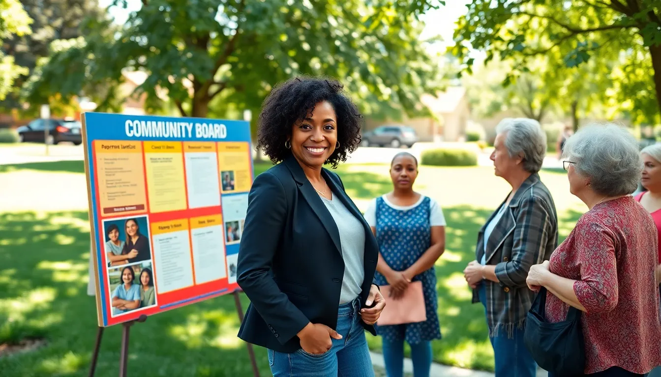 Naomi Bennett engaging with community members in a sunny park.