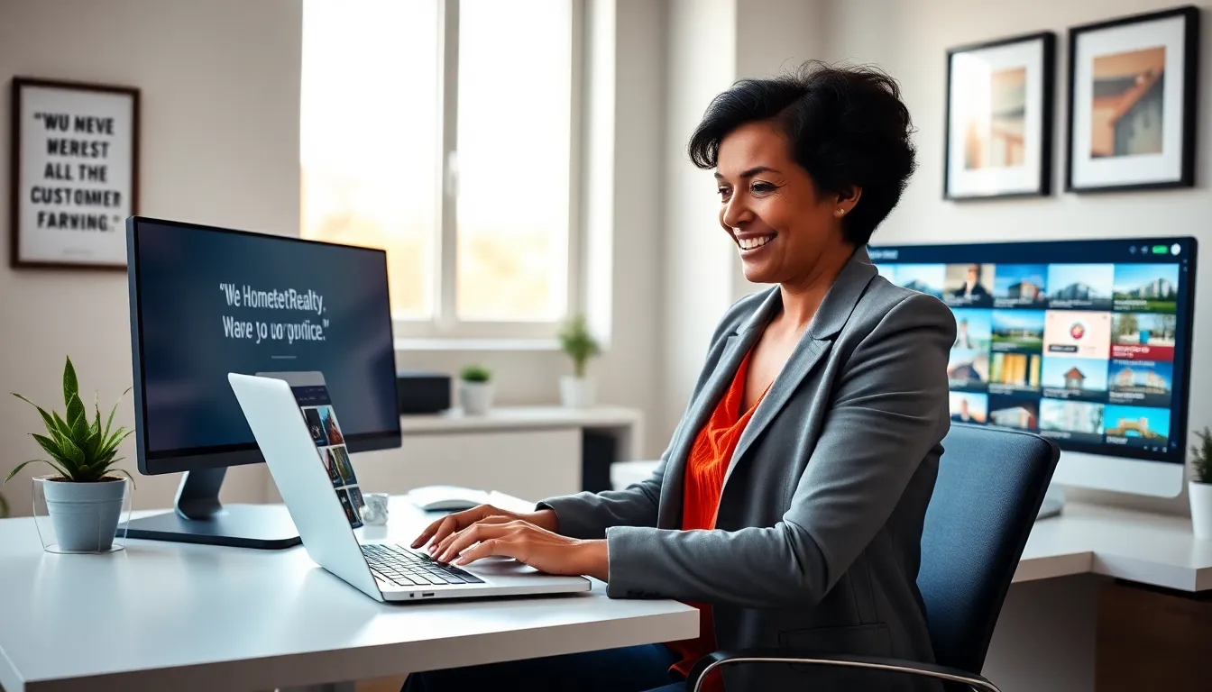A woman using the HomeRocketRealty platform in a stylish home office.