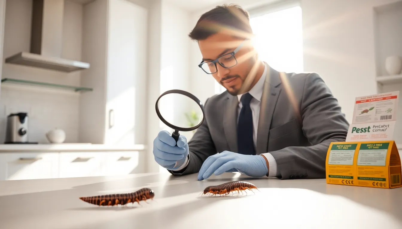 pest control professional examining a centipede in a modern kitchen.