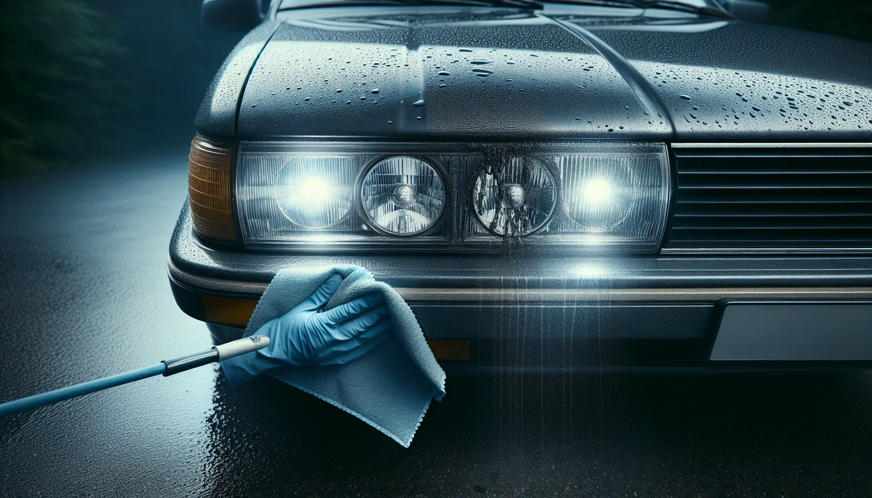 Hvordan rengjøre bilens lykter for bedre sikt 1 Close-up of half-oxidized, half-cleaned car headlight in rainy norwegian dusk.