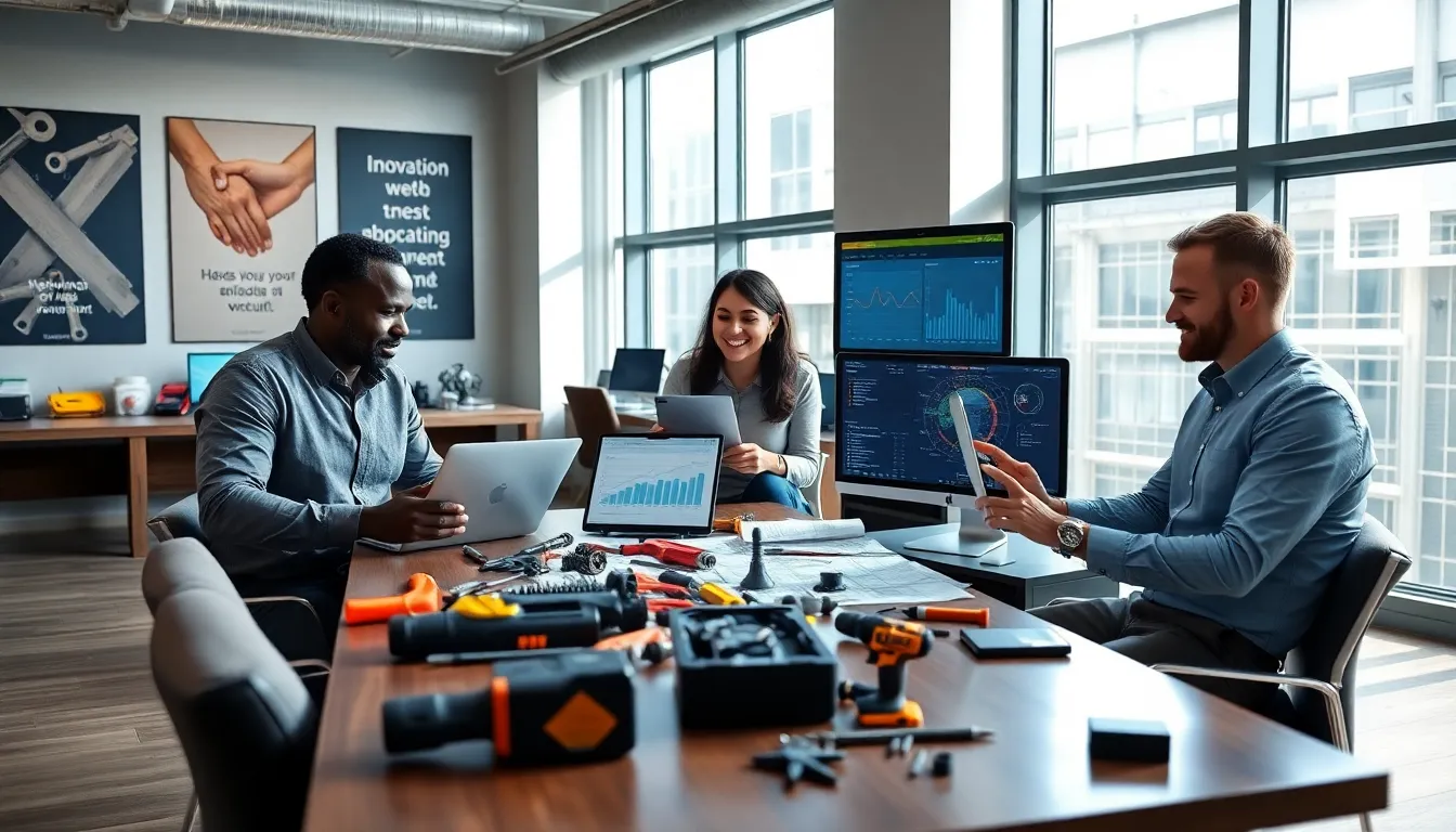 three professionals collaborating in a modern office focused on hardware business.