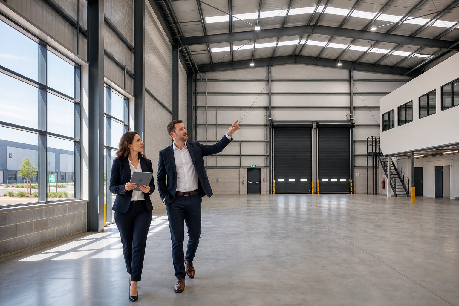 Two business professionals inspecting an empty industrial warehouse with a tablet and natural daylight.