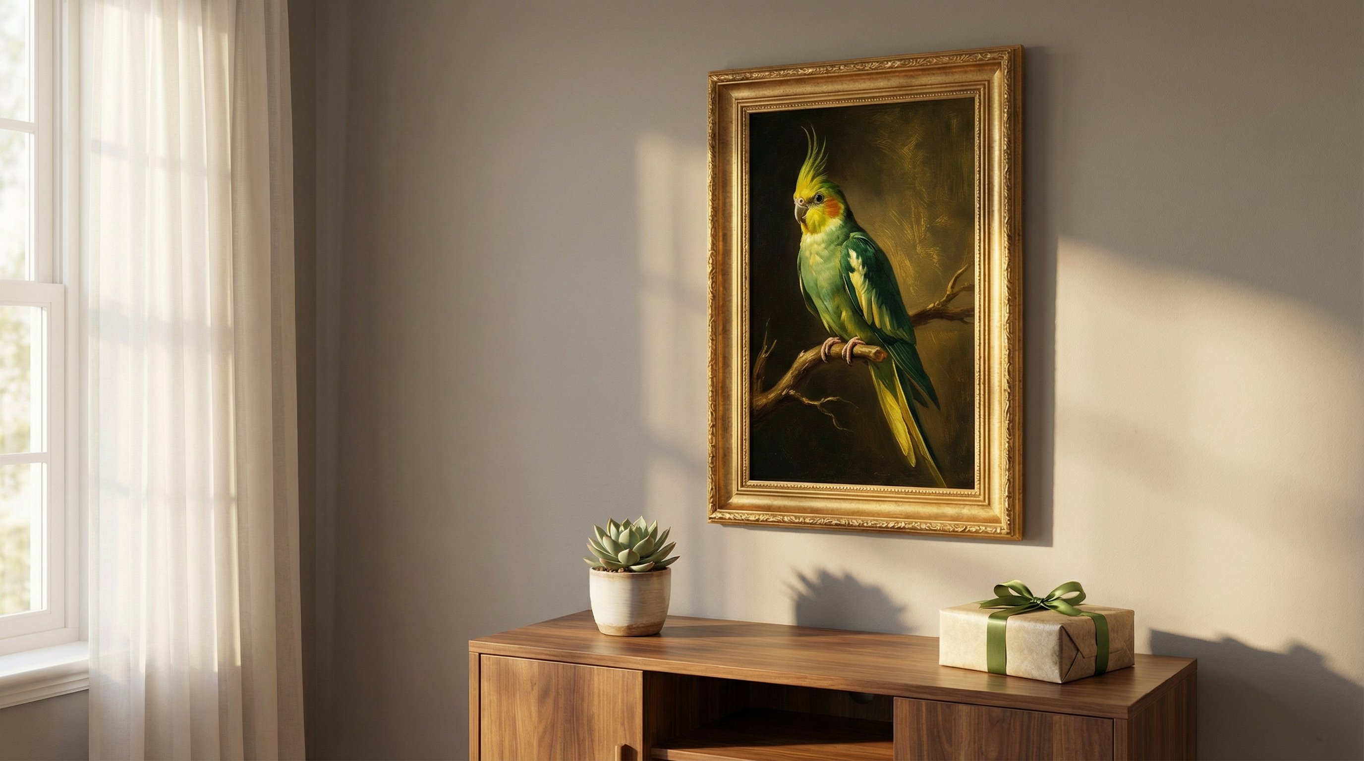 Framed Renaissance-style cockatiel portrait on a sunlit living room wall.