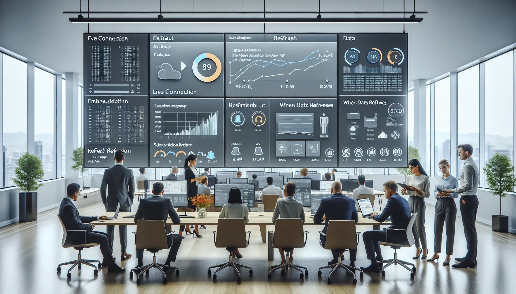 Data professionals reviewing Tableau refresh and subscription settings on a modern office dashboard.