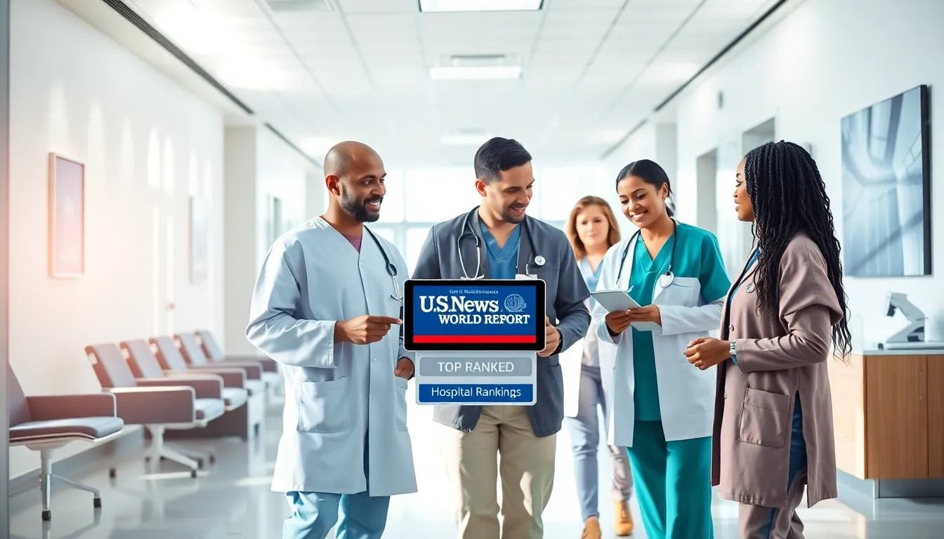 healthcare professionals discussing hospital rankings in a modern setting.