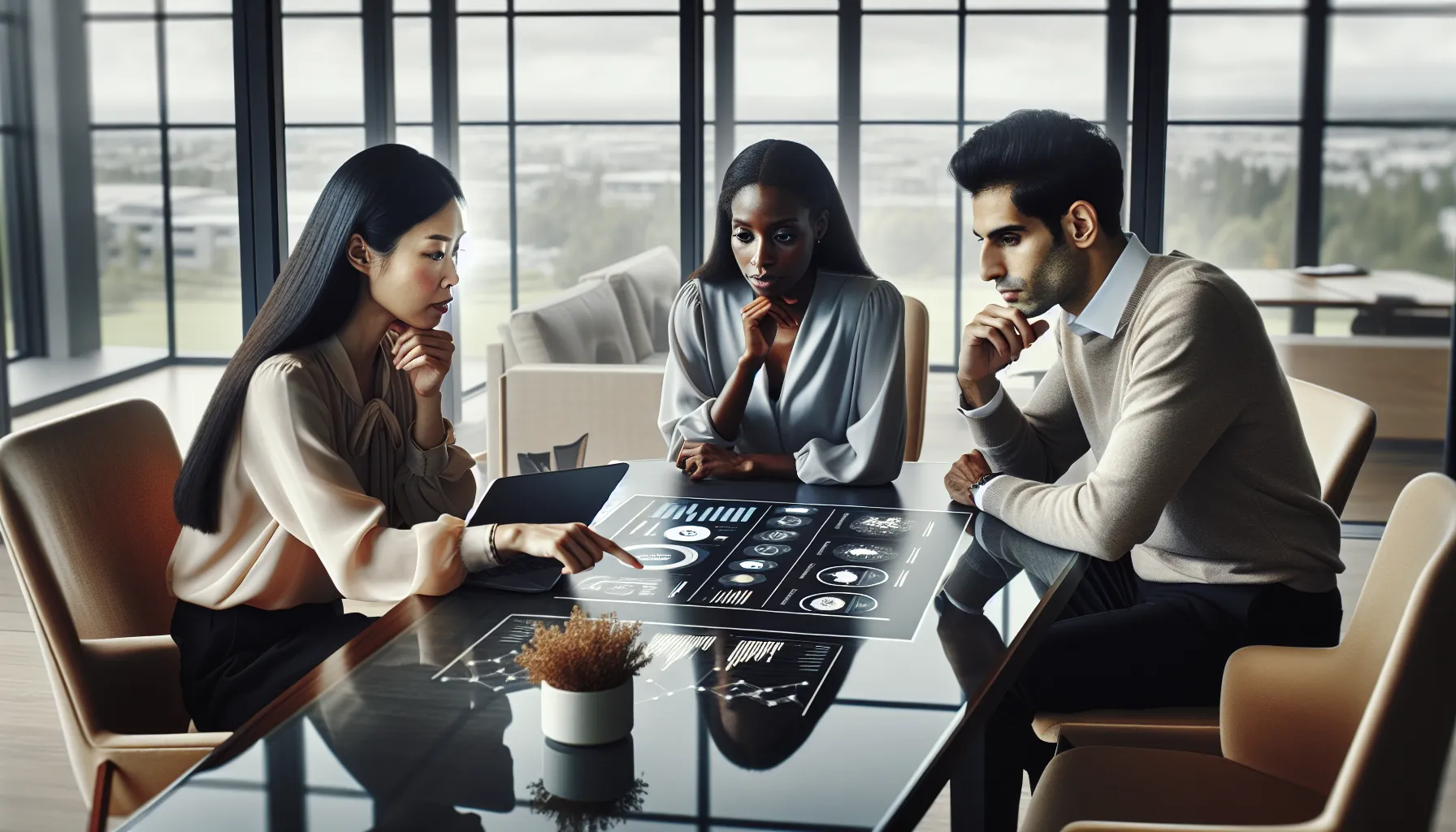 diverse professionals collaborating over task management tool in a modern office.