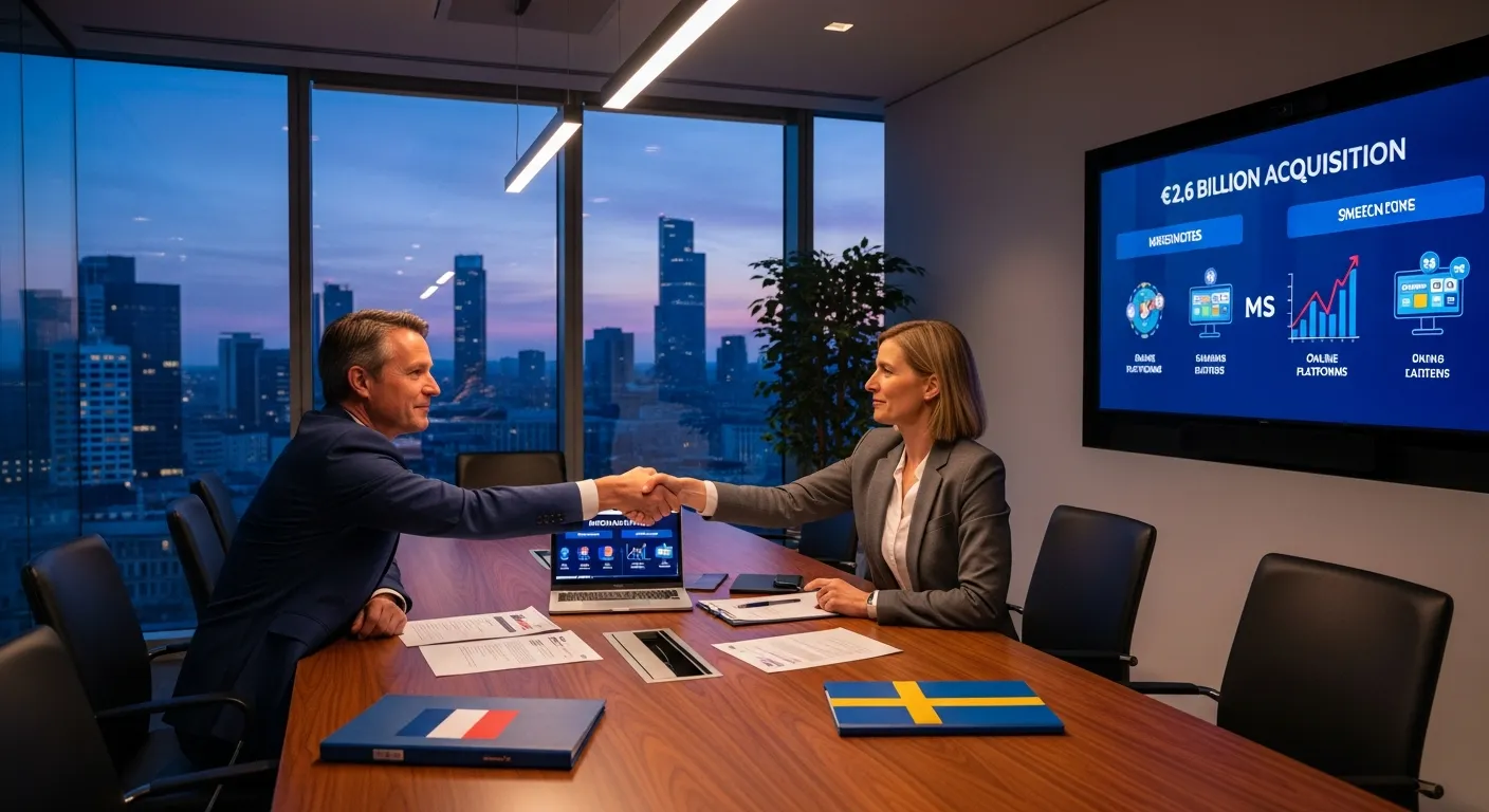 Two executives shaking hands in a boardroom during a major gambling industry merger deal.