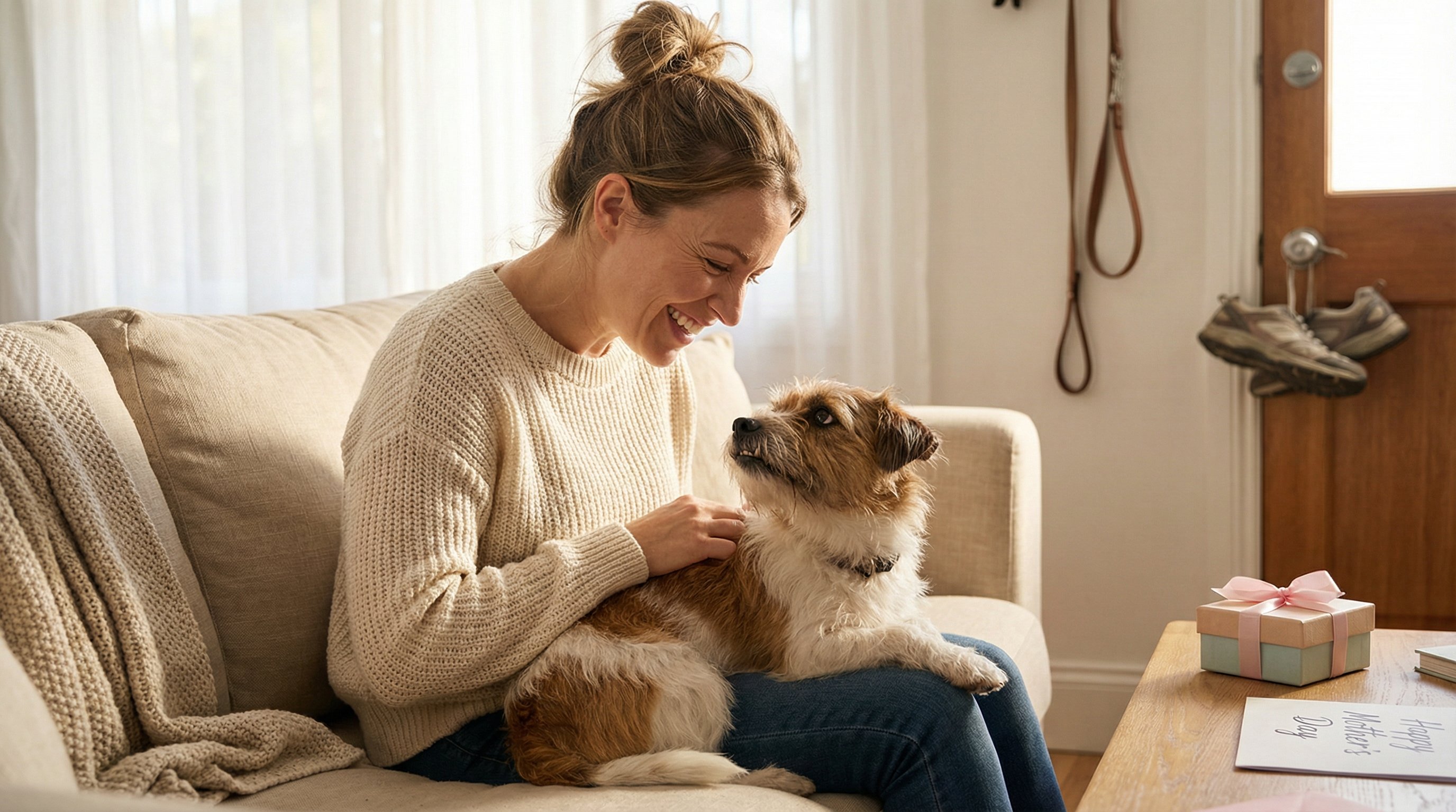 A smiling woman cuddling her small terrier on a couch with a Mother's Day gift nearby.