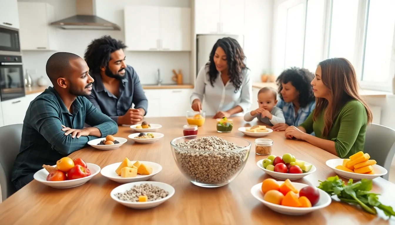 Parents discussing nutrition with poppy seeds at a modern kitchen table.