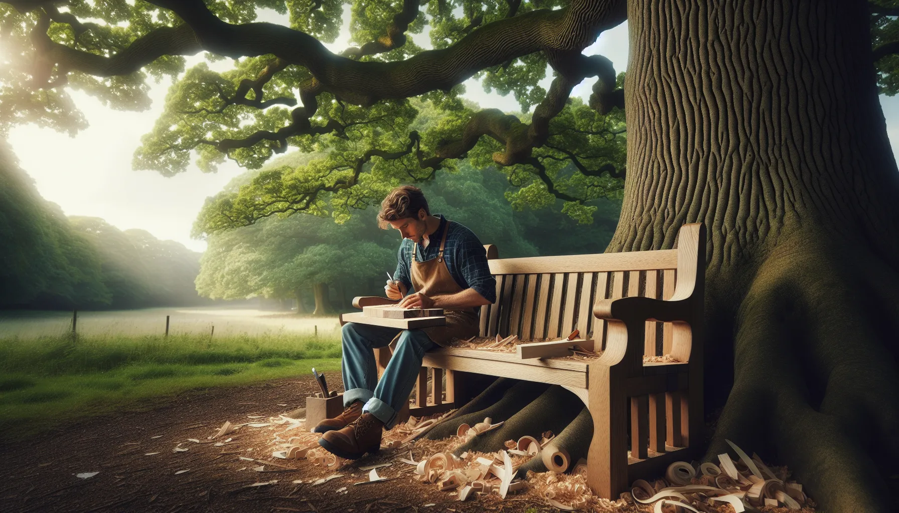 A person whittling wood on a park bench under a tree in the countryside.