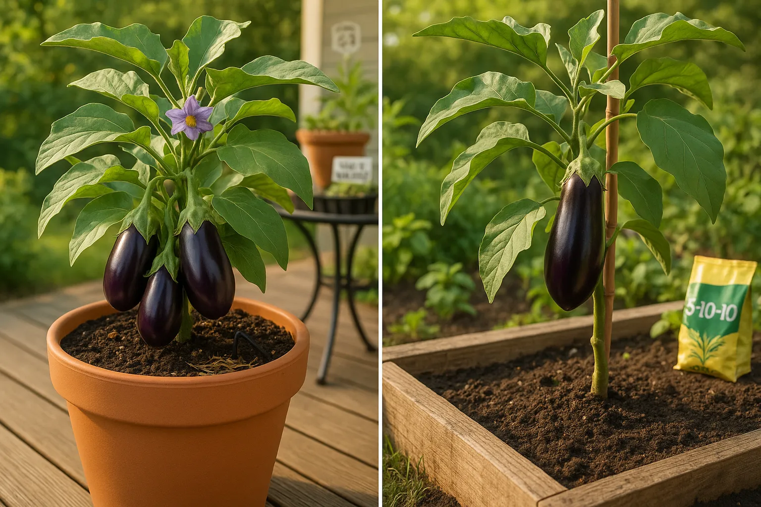 compact aubergine in a patio pot beside a larger standard aubergine in a garden bed.